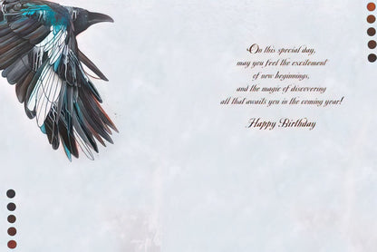 Inside of a birthday greeting card featuring a crow design on the left and an inspiring message on the right.
