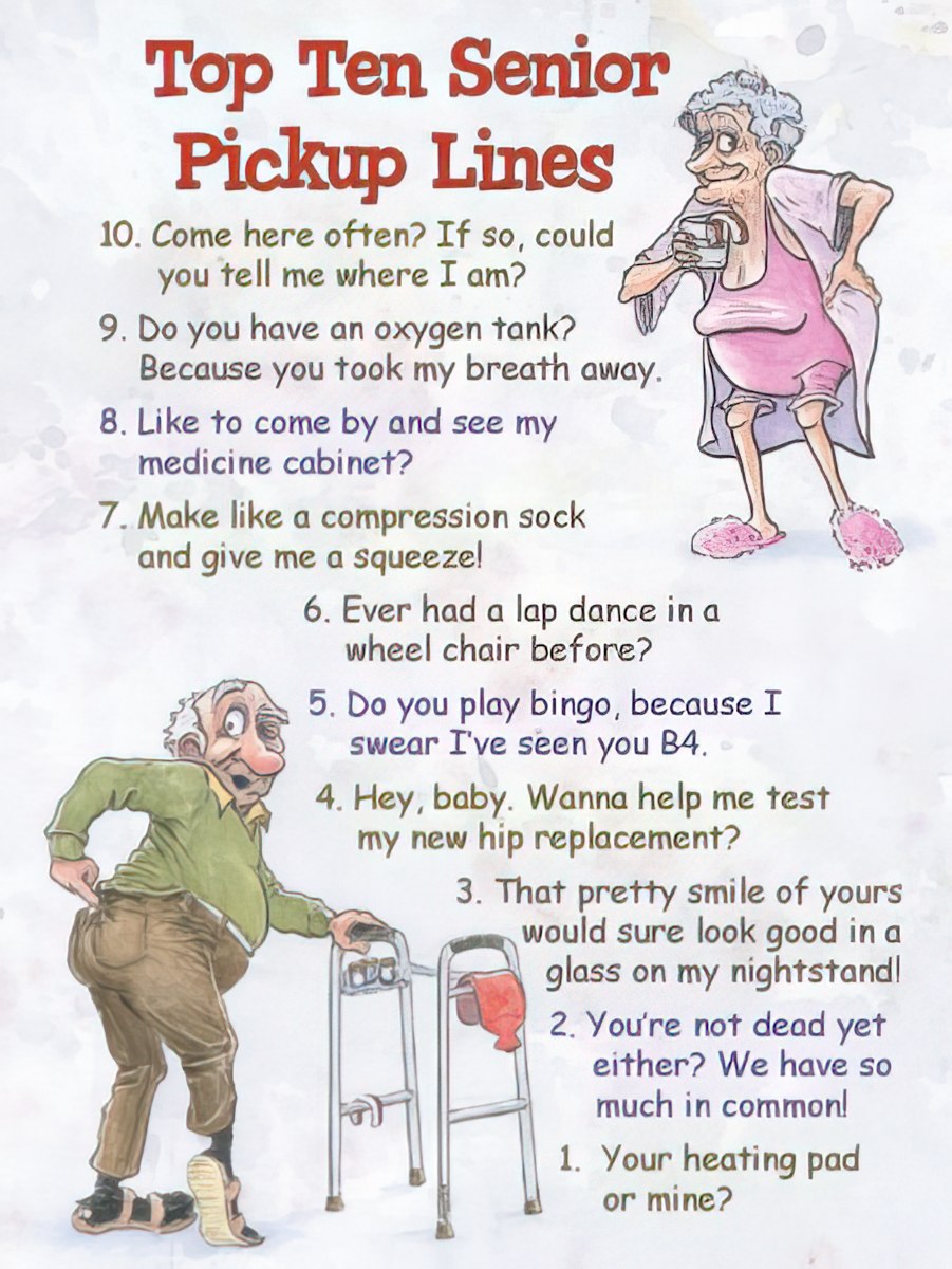 Humorous greeting card cover showing 'Top Ten Senior Pick-Up Lines' with cartoon illustrations of an elderly man and woman.