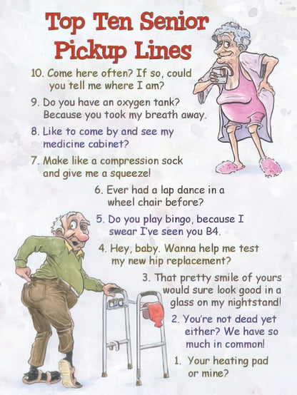 Humorous greeting card cover showing 'Top Ten Senior Pick-Up Lines' with cartoon illustrations of an elderly man and woman.