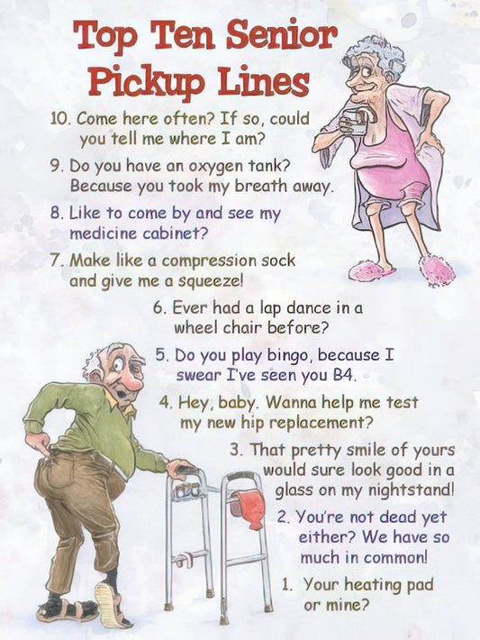 Humorous greeting card cover showing 'Top Ten Senior Pick-Up Lines' with cartoon illustrations of an elderly man and woman.
