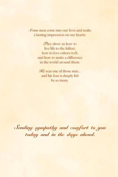Inside of a heartfelt sympathy card with elegant script, sending comfort and remembrance for a man deeply missed.