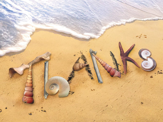 Coastal Thank You Card featuring 'Thanks' spelled in natural seashells on a sandy beach with gentle ocean waves.