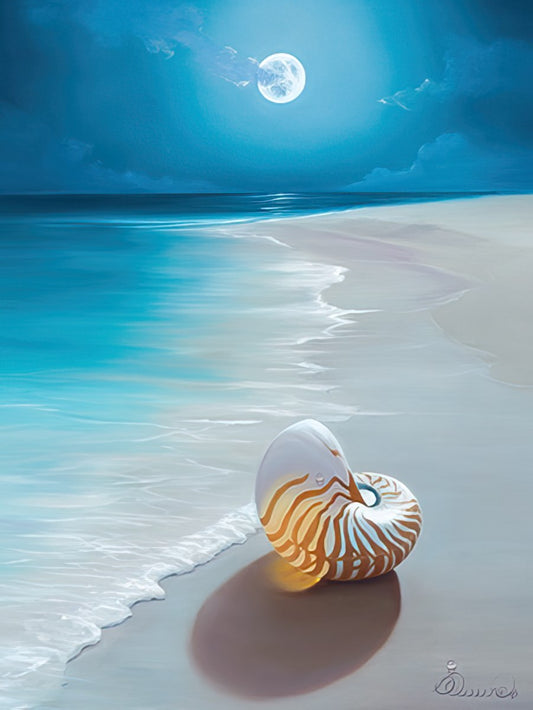 Nautilus shell on a moonlit beach with calm blue ocean waves and a bright full moon in the dark sky. Serene nature art greeting card.