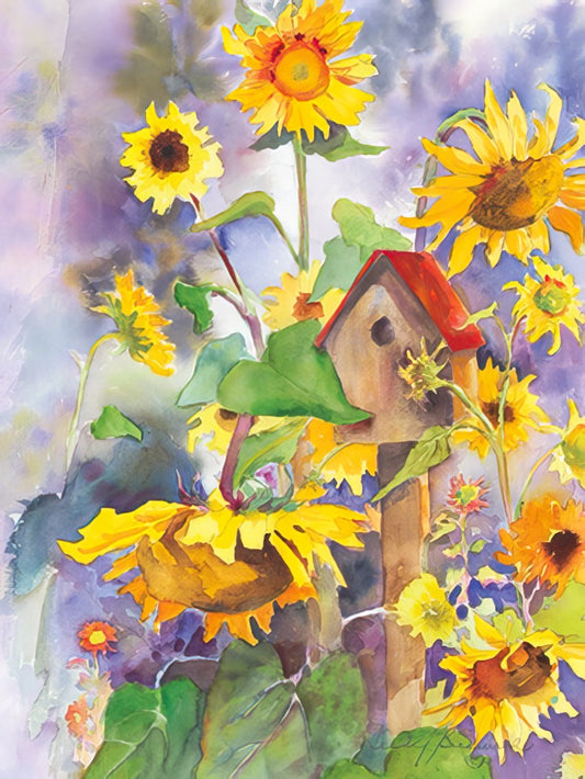 Vibrant watercolor sunflower greeting card cover with a rustic birdhouse, offering a ray of sunshine and cheer.