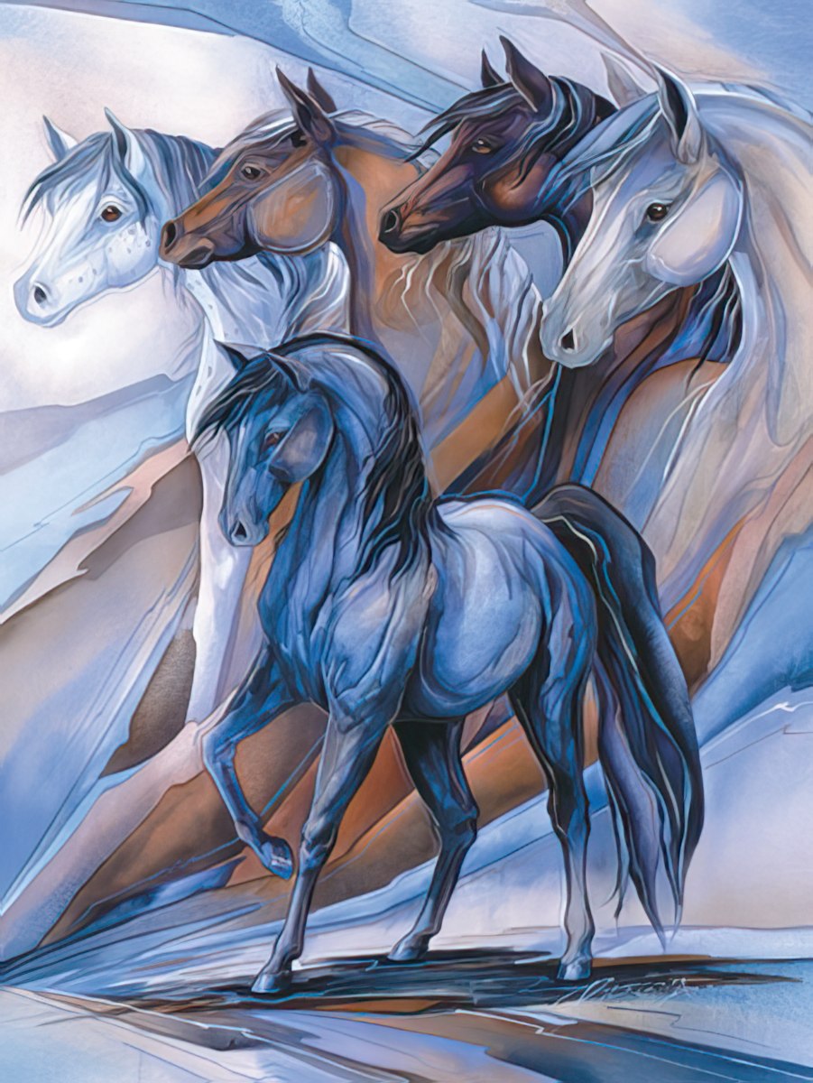 Front of an inspirational greeting card featuring a majestic blue horse leading a herd of artistic, multicolored horses against a soft background.
