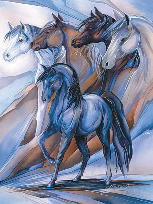 Front of an inspirational greeting card featuring a majestic blue horse leading a herd of artistic, multicolored horses against a soft background.