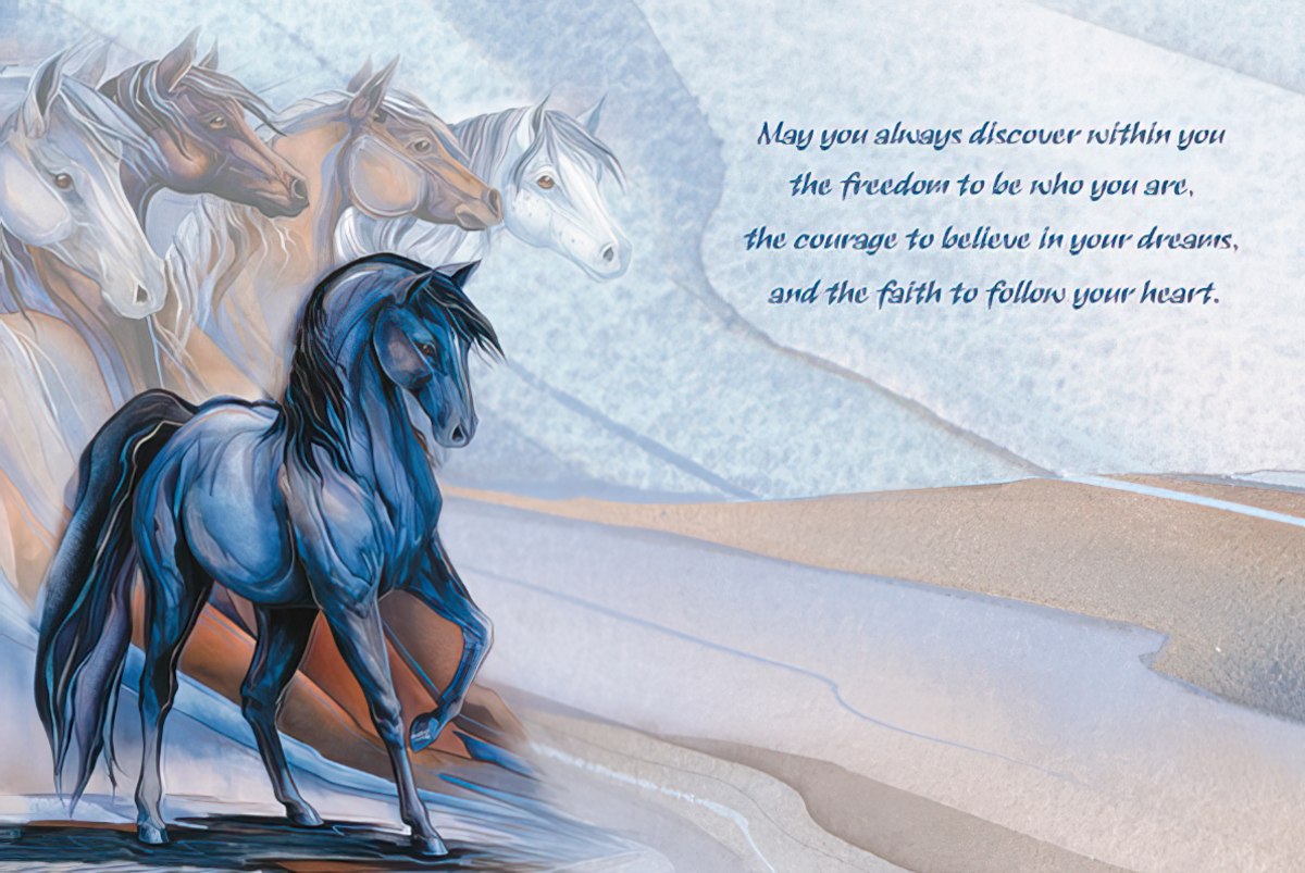 Open greeting card with artistic horses and an inspiring message about discovering freedom, courage, and faith to follow your heart.