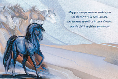 Open greeting card with artistic horses and an inspiring message about discovering freedom, courage, and faith to follow your heart.