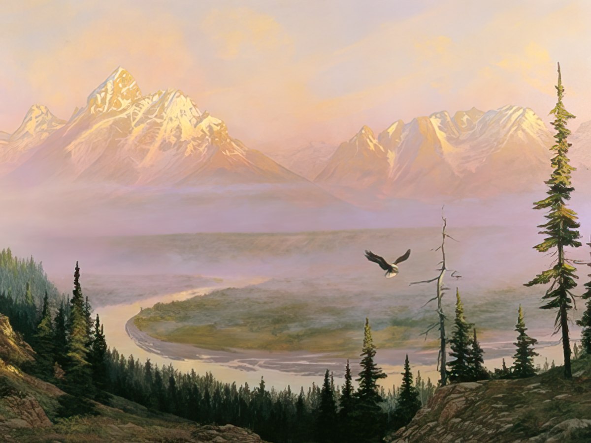 A majestic mountain range bathed in the warm glow of sunset, with a misty valley, winding river, evergreen trees, and a bald eagle soaring.