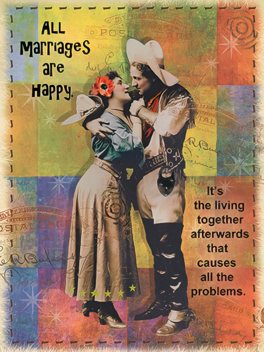 Funny Anniversary Card front featuring a vintage cowboy and woman embracing, with a humorous quote about marriage and problems.