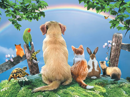 A diverse group of cute animals including a golden retriever, cat, rabbit, parrot, and turtle, gazing at a rainbow in a lush landscape.