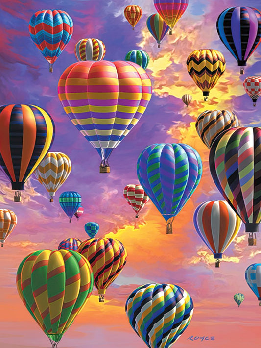 Vibrant hot air balloons ascend into a colorful sunset sky, creating a whimsical and inspiring scene on the front of a greeting card.