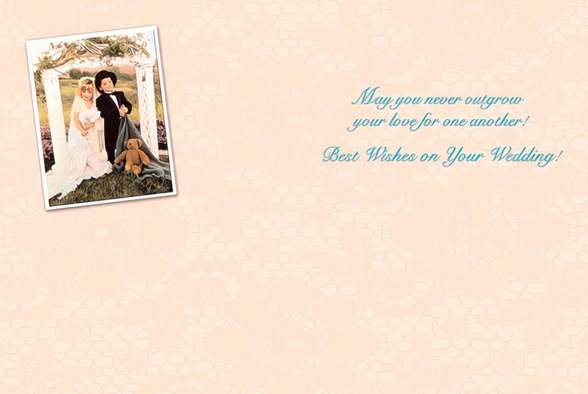 Open wedding greeting card showing a small inset photo of kids dressed as bride and groom, with the message inside.