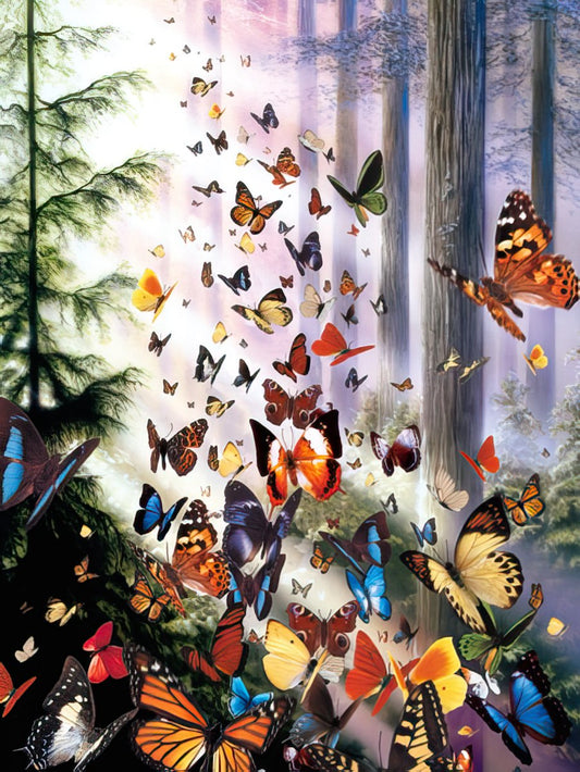 Vibrant butterflies in a sun-dappled forest, fluttering through tall trees, creating a magical woodland scene on a greeting card.