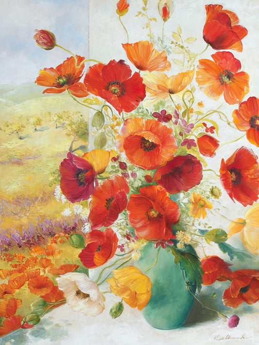 Vibrant red and orange poppies in a turquoise vase, with a serene field landscape in the background. Floral art greeting card.