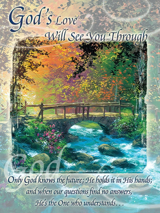 Religious greeting card front with 'God's Love Will See You Through' over a scenic bridge and stream artwork.