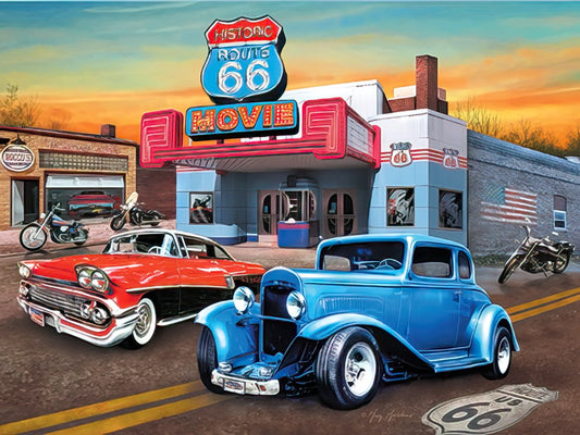 Vibrant greeting card cover with classic blue and red cars, motorcycles, and a retro Route 66 movie theater at sunset.