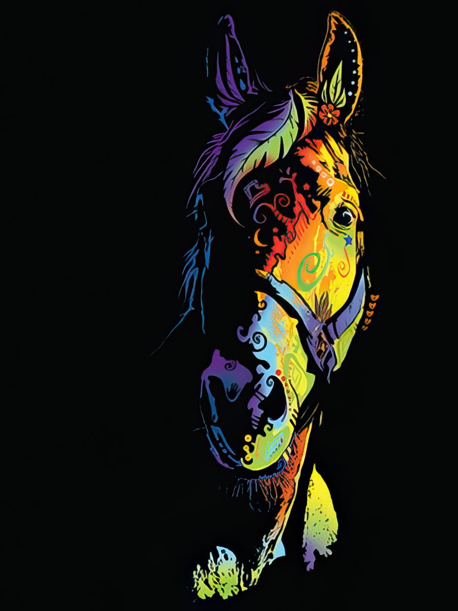 Vibrant, artistic horse head illustration in a spectrum of colors against a black background, showcasing intricate patterns.