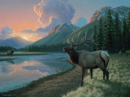A majestic bull elk stands by a serene river at sunset in a mountainous, forested landscape. A second elk is visible across the water.