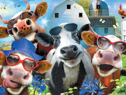 A lively group of cartoon cows wearing sunglasses and a hat, smiling cheerfully in a bright farm setting with a barn.