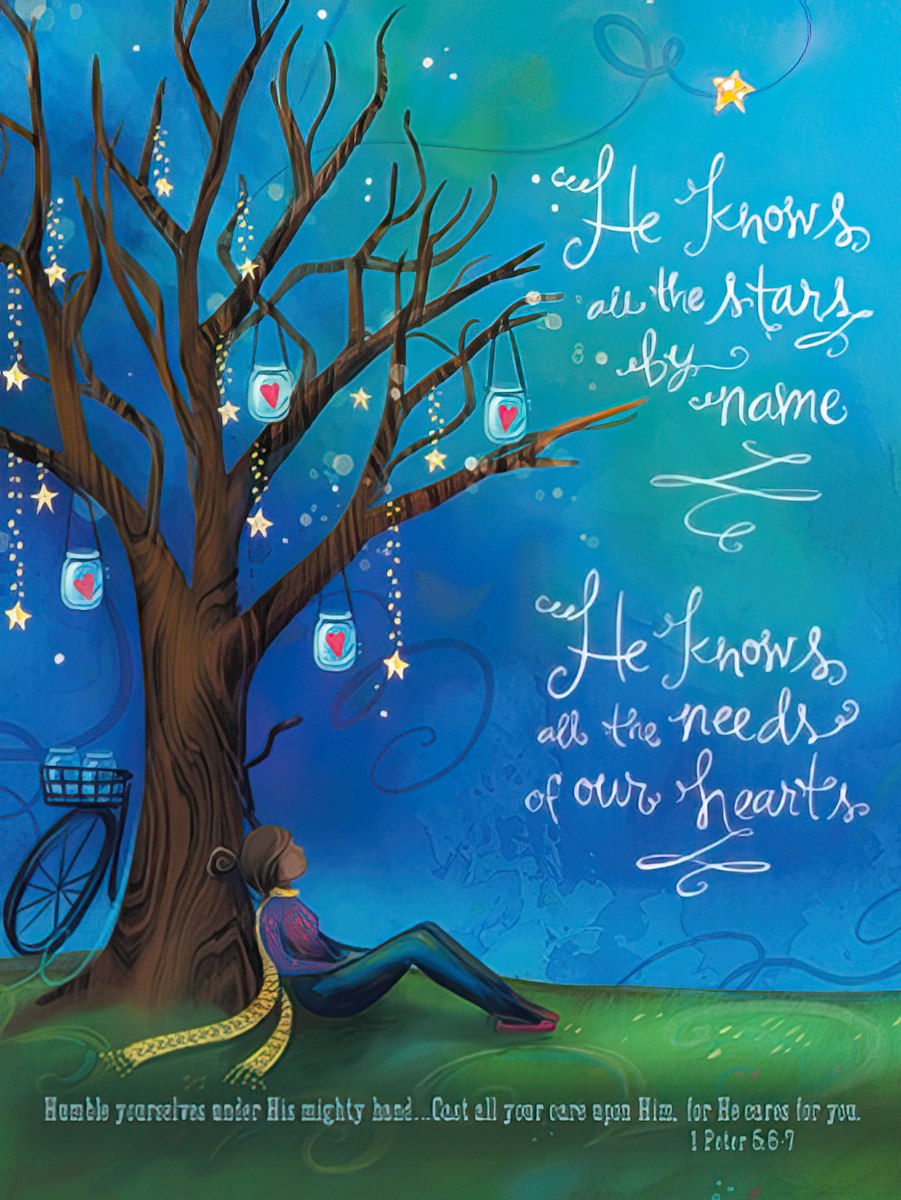 Illustration of a person under a starry tree with glowing lanterns, next to a bicycle, with scripture 'He knows all the needs of our hearts'.