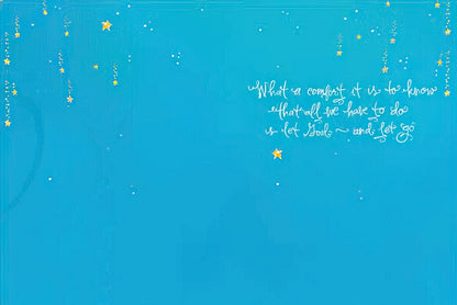 Inside of a blue greeting card with falling stars and comfort message 'What a comfort it is to know that all we have to do is let God'.