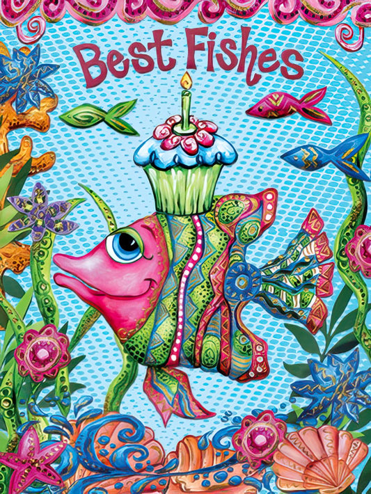 Front of a vibrant 'Best Fishes' birthday card featuring a colorful, smiling fish wearing a cupcake hat surrounded by coral and starfish.