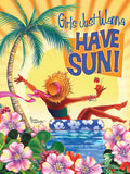 Front of a vibrant summer celebration card featuring a woman in a straw hat and swimsuit floating in a pool with a palm tree and tropical flowers, text reads 'Girls Just Wanna Have Sun!' for her special day.