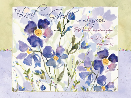 Front of a religious sympathy card with watercolor purple flowers and Zephaniah 3:17: "The Lord your God is with you. He will renew you in His love."