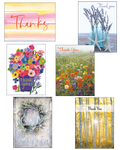 Assorted 'Thank You' greeting cards for friends and loved ones, featuring diverse natural designs: watercolor 'Thanks', vibrant lavender in blue bottles, a joyful floral bouquet, a sprawling wildflower field, a serene lavender wreath on rustic wood, and a radiant golden aspen forest.