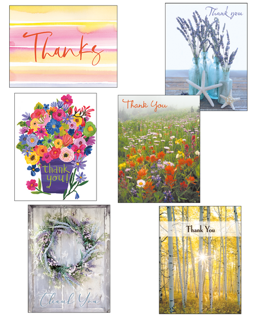 Assorted 'Thank You' greeting cards for friends and loved ones, featuring diverse natural designs: watercolor 'Thanks', vibrant lavender in blue bottles, a joyful floral bouquet, a sprawling wildflower field, a serene lavender wreath on rustic wood, and a radiant golden aspen forest.