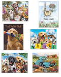 A diverse collection of vibrant greeting cards featuring playful cats, smiling dogs, and heartwarming thank you messages. Designs include a group of happy felines with butterflies, a fluffy cat holding a flower bouquet, a golden retriever with flowers, and a charming vintage blue truck adorned with blooms. Ideal for expressing gratitude and various celebrations.