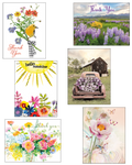 Versatile greeting card assortment featuring diverse designs including: a 'Thank You' card with a cheerful bird on flowers, a scenic purple lupine field, a vibrant 'Hello Sunshine' card with abstract florals, a rustic pickup truck filled with purple petunias, a watercolor thank you bouquet, and an elegant pink peony with butterflies. Perfect for all occasions.