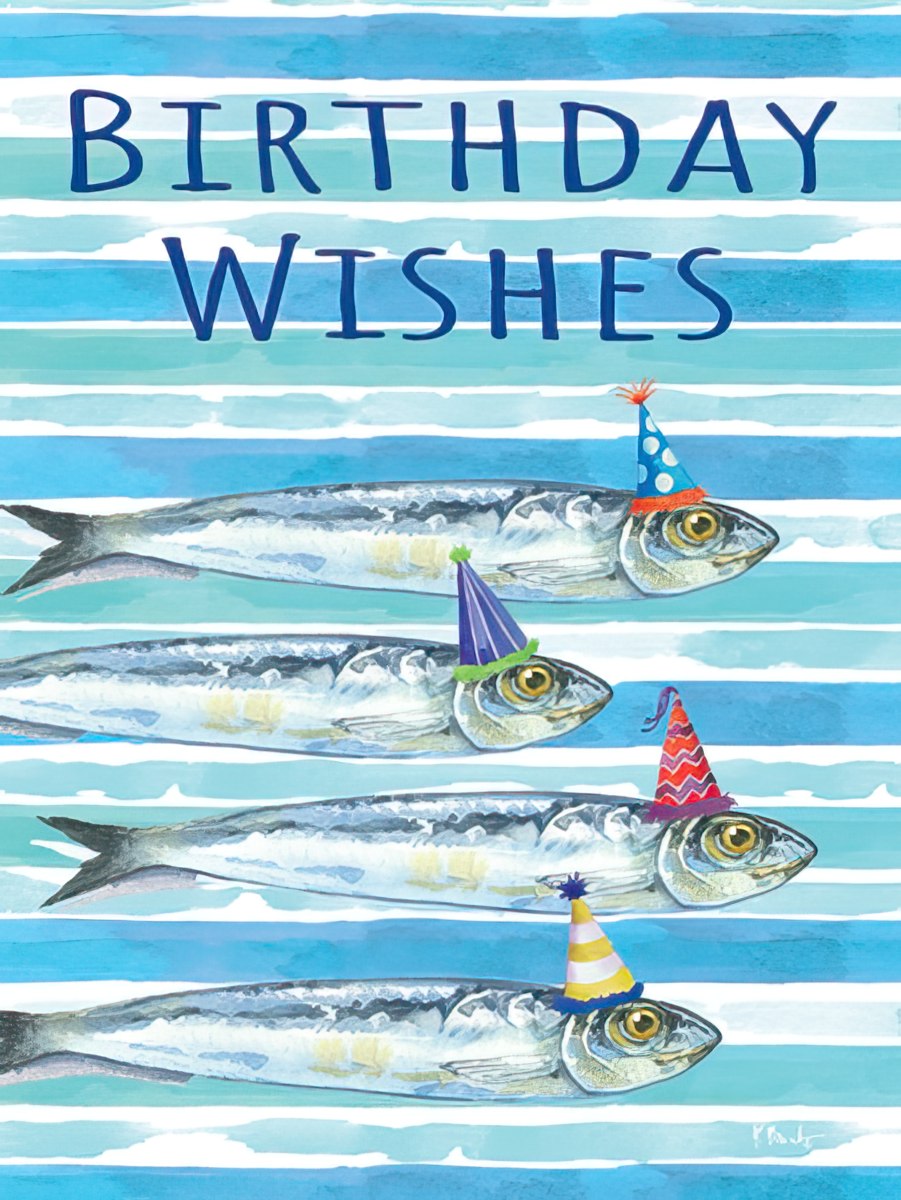 Front of a birthday card with blue stripes and four fish wearing colorful party hats, text reads 'Birthday Wishes'.