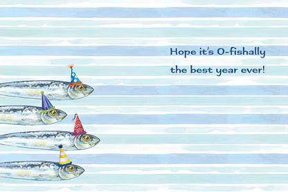 Inside of a birthday card with blue stripes and four fish in party hats, text reads 'Hope it's O-fishally the best year ever!'.