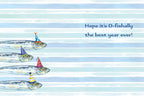Inside of a humorous fish-themed greeting card featuring four sardines wearing festive party hats on a blue and white striped background. Text reads 'Hope it's O-fish-ally the best year ever!'.