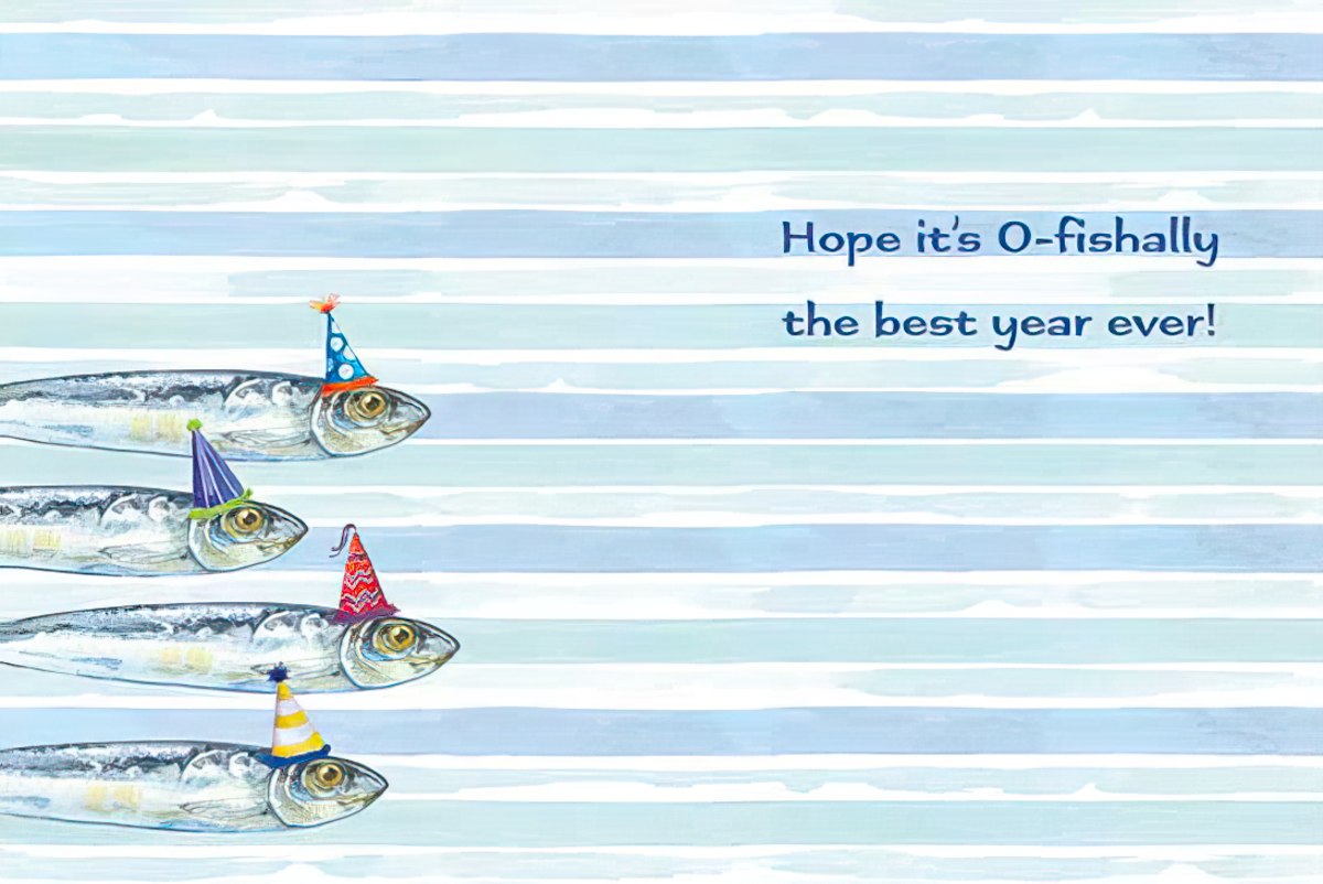 Inside of a humorous fish-themed greeting card featuring four sardines wearing festive party hats on a blue and white striped background. Text reads 'Hope it's O-fish-ally the best year ever!'.