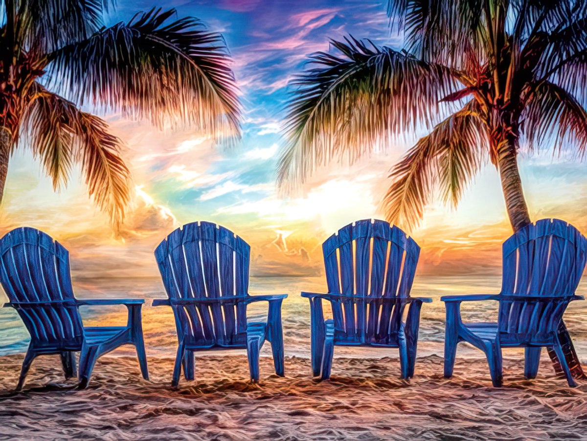 FOUR BLUE ADIRONDACK CHAIRS ON BEACH