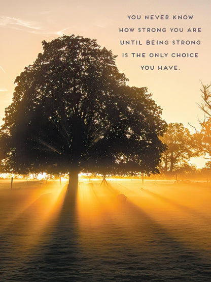 Inspirational greeting card front: strong tree silhouette at sunrise. Quote: 'You never know how strong you are until being strong is the only choice you have.'