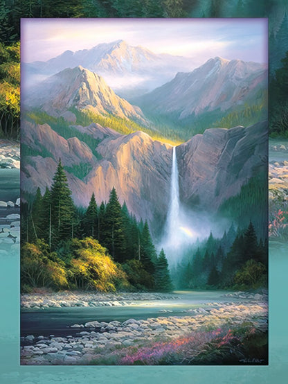 Vibrant painting of a majestic waterfall cascading down a mountain cliff into a river, surrounded by lush green pine forests and towering peaks under a golden sky.