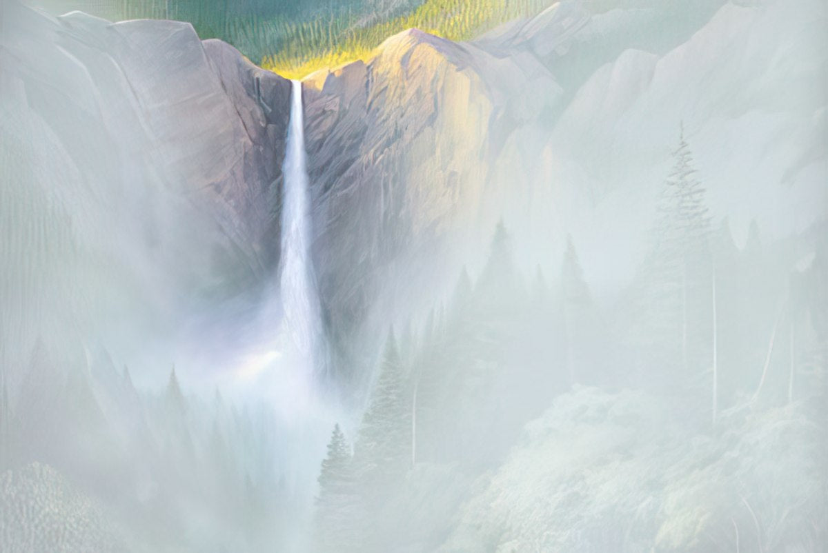 Close-up, misty view of a powerful waterfall in a mountainous landscape, with pine trees shrouded in fog and soft light.