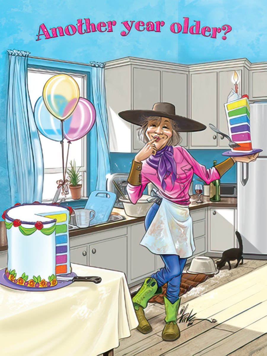 Whimsical birthday card featuring an older woman in a cowboy hat holding a slice of rainbow cake in a kitchen, with a full cake and balloons.