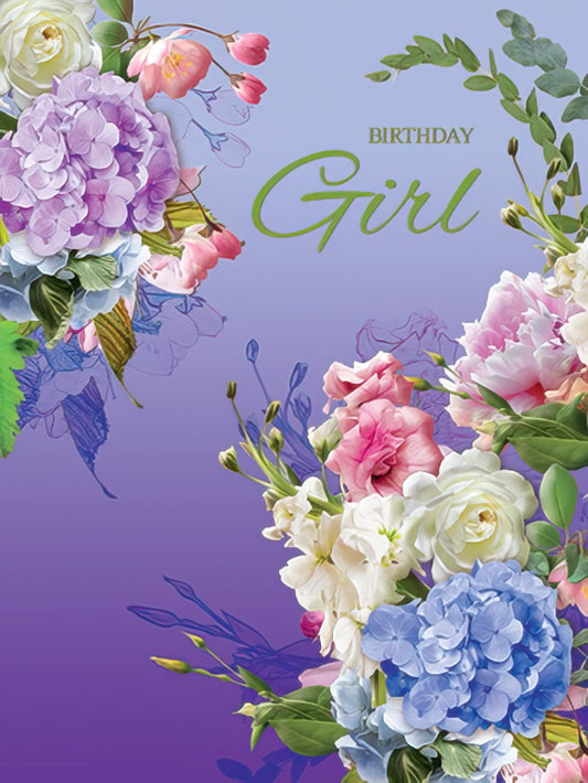 Birthday Girl greeting card front with lush purple hydrangeas, pink roses, and white flowers on a vibrant purple background.