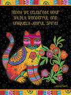 Vibrant folk art cat greeting card, intricately patterned with flowers on a dark background, celebrating a wonderfully joyful spirit. Perfect for a unique birthday wish.