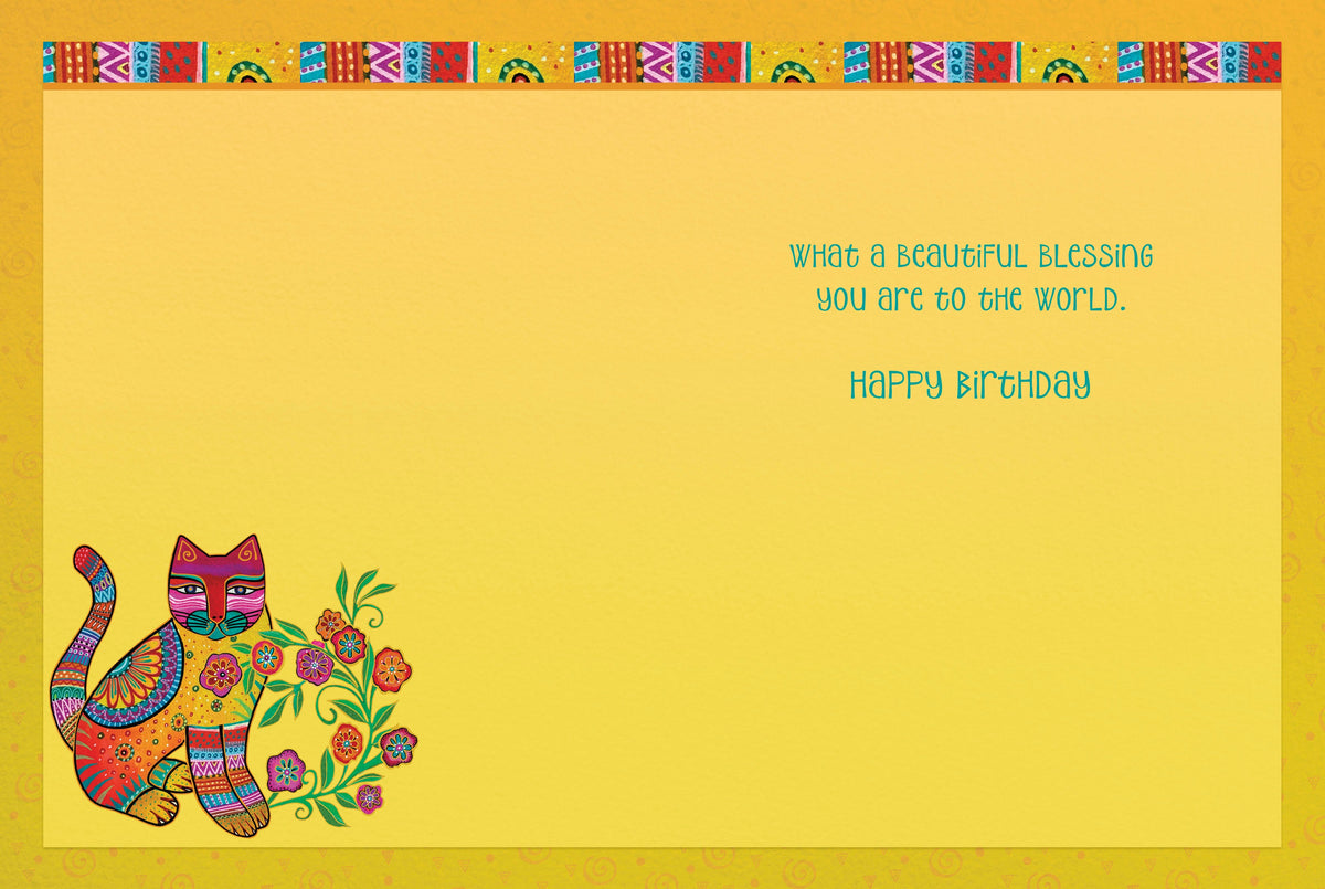 Inside view of a heartfelt birthday card featuring a colorful folk art cat and floral design, with the message 'WHAT A BEAUTIFUL BLESSING YOU ARE TO THE WORLD. HAPPY BIRTHDAY' on a warm yellow background.