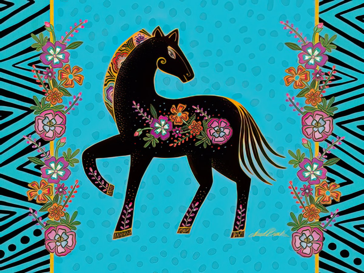 BLACK HORSE WITH FLORAL DESIGNS