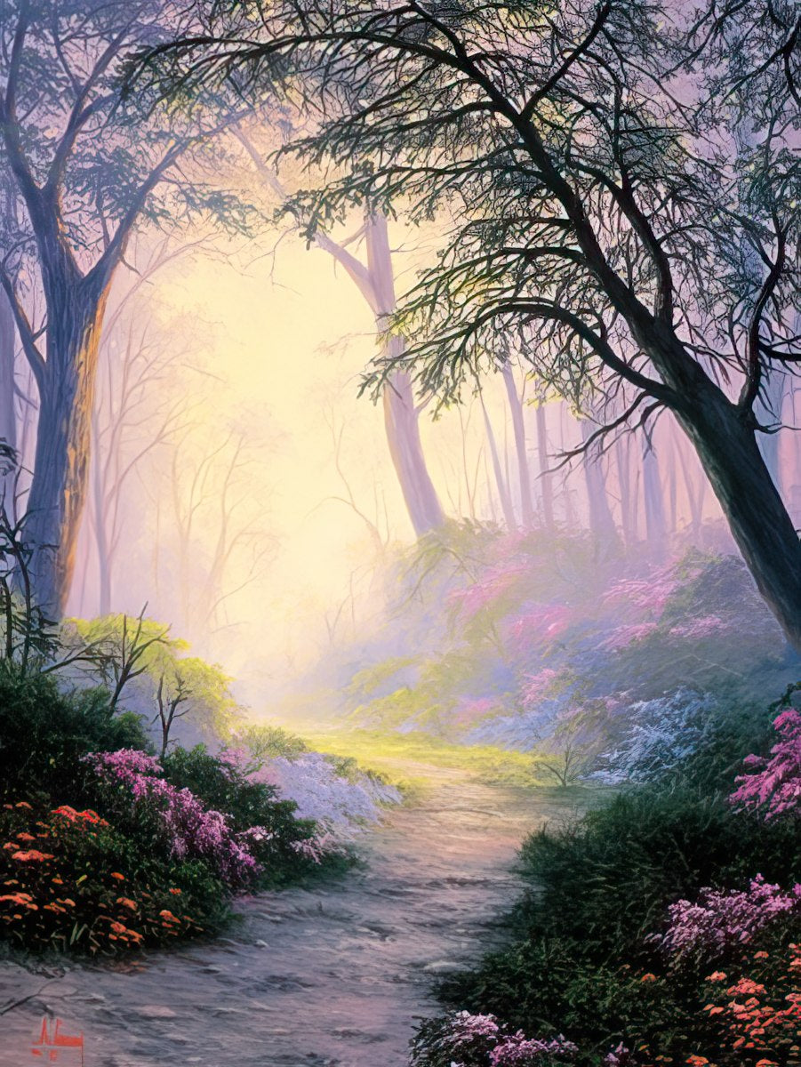 Serene forest path leading into a warm, misty glow with vibrant purple, pink, and yellow flowers along ethereal trees, conveying peace and spiritual comfort.