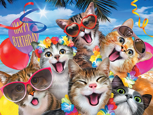 Happy birthday card with a group of cheerful cats wearing leis and sunglasses on a tropical beach with balloons.