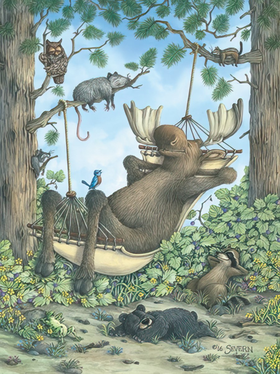 Whimsical forest scene birthday card featuring a relaxed moose in a hammock, surrounded by an adorable bear cub, playful raccoon, wise owl, curious opossum, tiny chipmunk, and vibrant bluebird amidst green foliage and berries, perfect for a nature-lover's celebration.