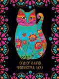 Vibrant, colorful folk-art style illustration of a sitting cat on a black background, framed by floral patterns, with text 'one of a kind wonderful you!'. Ideal for a special friend's celebration.